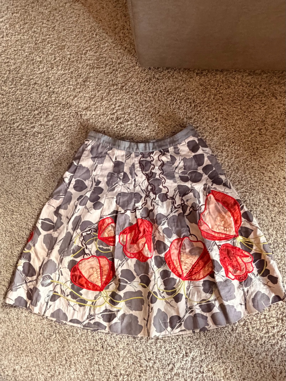 Anthropologie Gray Floral A-Line Skirt with Red Appliqué